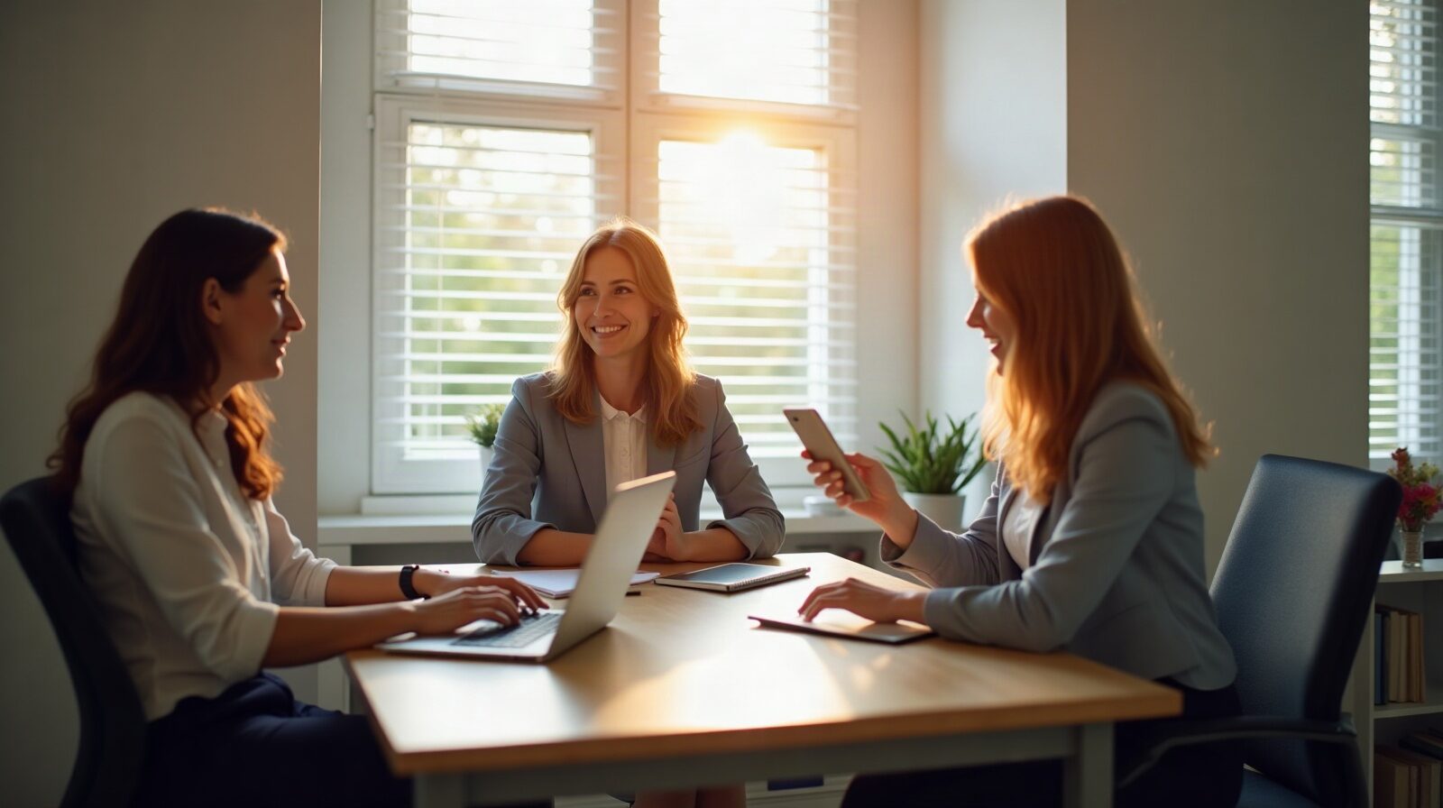 Trois personnes échangent autour d'un bureau dans une petite entreprise
