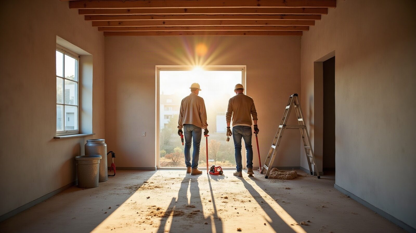 Deux ouvriers casqués travaillent sur une cloison en construction
